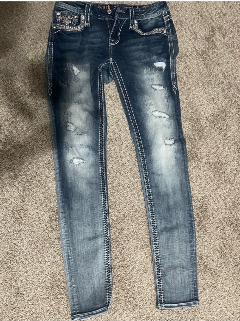 Rock Revival Distressed Dark Blue Skinny Jeans with Embellished Pockets